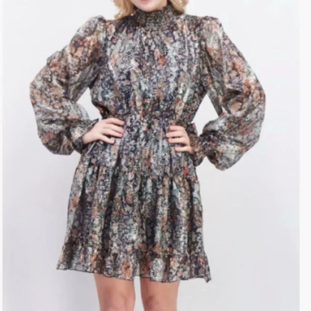 O.P.T Floral Print Mock Neckline Cinched Waist Long Sleeve Mini Dress Size L